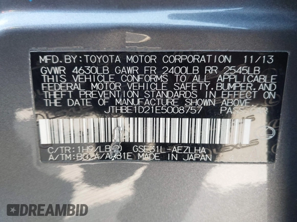 2014 Lexus IS 350 с VIN JTHBE1D21E5008757, выставлен на аукционе IAAI как лот 42510825 с пробегом 105 687 миль миль и . История ставок и продаж доступна на DreamBid. Изображение 9.