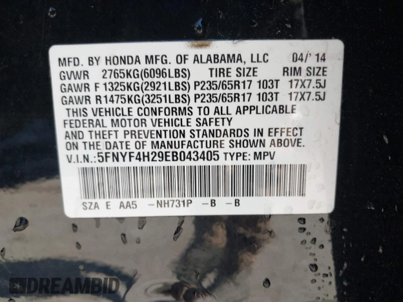 2014 Honda Pilot LX with VIN 5FNYF4H29EB043405, listed as a IAAI auction lot 42070376 with 139,356 mi miles and . Bid and sale history available at carsss.com. Image 9.