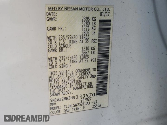 2017 Nissan Murano S z VIN 5N1AZ2MH2HN133570, wystawiony jako Copart lot #87867295 z przebiegiem 106 535 mil mil oraz Nie do naprawy • Non repairable. Historia ofert i sprzedaży dostępna na DreamBid. Obrazek 13.