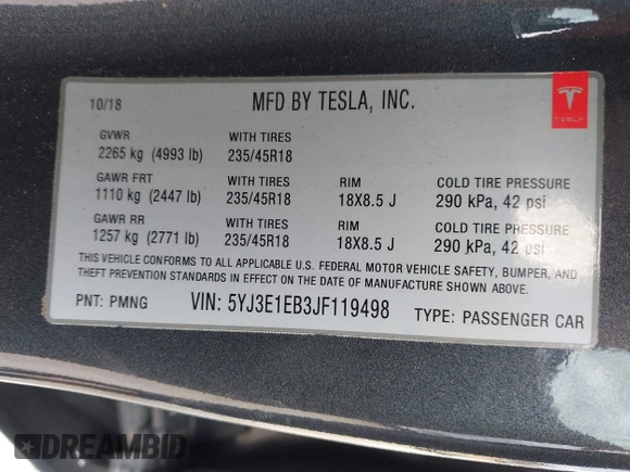 2018 Tesla Model 3 Long Range Battery with VIN 5YJ3E1EB3JF119498, listed as a IAAI auction lot 41966643 with 45,566 mi miles and . Bid and sale history available at DreamBid. Image 9.