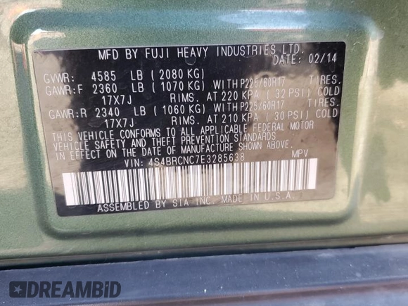 2014 Subaru Outback Limited with VIN 4S4BRCNC7E3285638, listed as a Copart auction lot 61695975 with 81,103 mi miles and Salvage title. Bid and sale history available at DreamBid. Image 14.