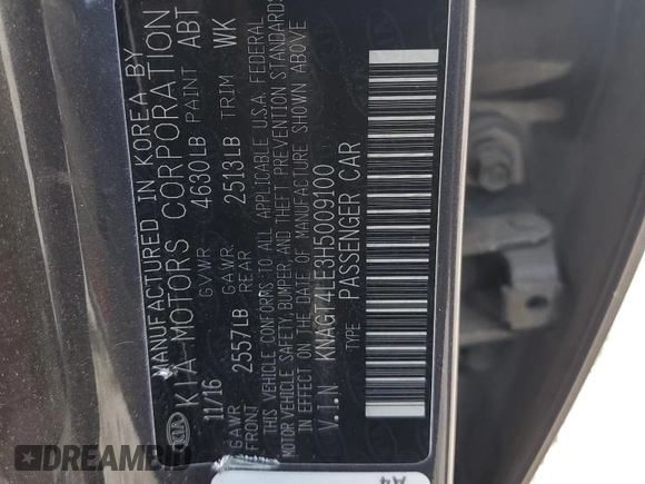 2017 Kia Optima with VIN KNAGT4LE3H5009100, listed as a Copart auction lot 61131385 with 46,381 mi miles and Salvage title. Bid and sale history available at DreamBid. Image 12.