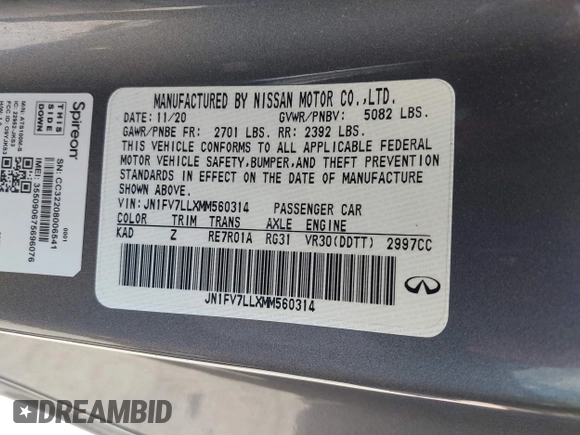 2021 Infiniti Q60 Red Sport 400 with VIN JN1FV7LLXMM560314, listed as a IAAI auction lot 41930067 with 47,818 mi miles and . Bid and sale history available at DreamBid. Image 9.