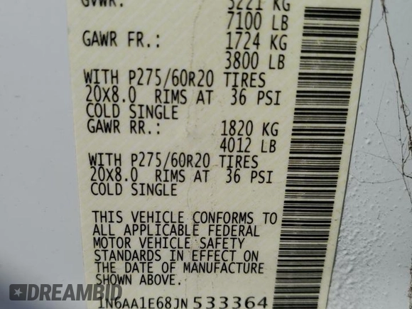 2018 Nissan Titan SV with VIN 1N6AA1E68JN533364, listed as a Copart auction lot 56190705 with 75,314 mi miles and Salvage Title. Bid and sale history available at DreamBid. Image 12.