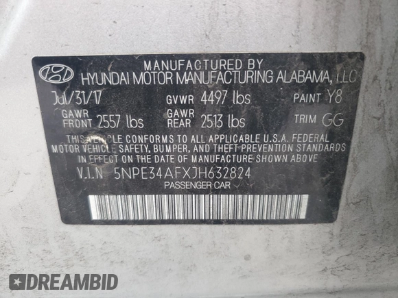 2018 Hyundai Sonata SEL with VIN 5NPE34AFXJH632824, listed as a Copart auction lot 45032625 with Not Provided miles and Salvage Title. Bid and sale history available at DreamBid. Image 15.