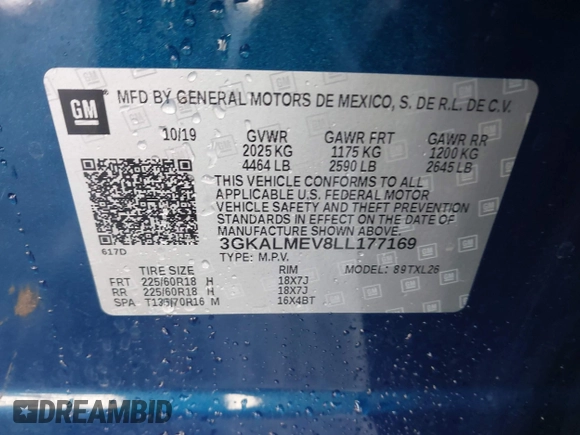 2020 GMC Terrain SLE z VIN 3GKALMEV8LL177169, wystawiony jako IAAI lot #42217487 z przebiegiem 75 303 mil mil oraz . Historia ofert i sprzedaży dostępna na DreamBid. Obrazek 9.