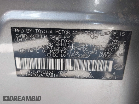 2016 Lexus IS 350 with VIN JTHBE1D21G5022824, listed as a IAAI auction lot 41934297 with 75,446 mi miles and . Bid and sale history available at DreamBid. Image 9.