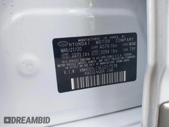 2020 Hyundai Ioniq Limited with VIN KMHC05LCXLU217578, listed as a IAAI auction lot 41999454 with 104,694 mi miles and . Bid and sale history available at DreamBid. Image 9.