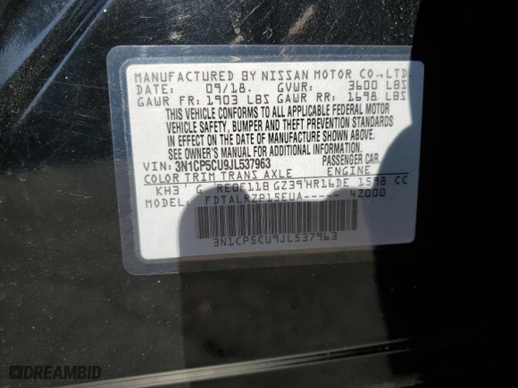 2018 Nissan Kicks S with VIN 3N1CP5CU9JL537963, listed as a Copart auction lot 51383295 with 81,856 mi miles and Salvage Title. Bid and sale history available at carsss.com. Image 15.