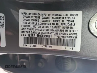 2009 Honda Civic LX z VIN 19XFA16599E050691, wystawiony jako Copart lot #58538835 z przebiegiem 162 377 mil mil oraz Czysty tytuł • Clean title. Historia ofert i sprzedaży dostępna na DreamBid. Obrazek 12.