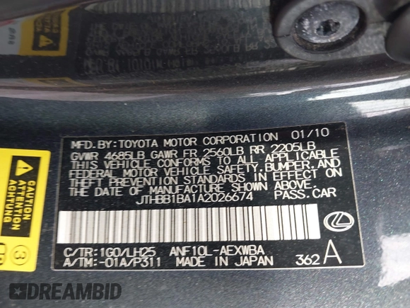 2010 Lexus HS 250h with VIN JTHBB1BA1A2026674, listed as a IAAI auction lot 41207440 with Not Provided miles and . Bid and sale history available at DreamBid. Image 9.