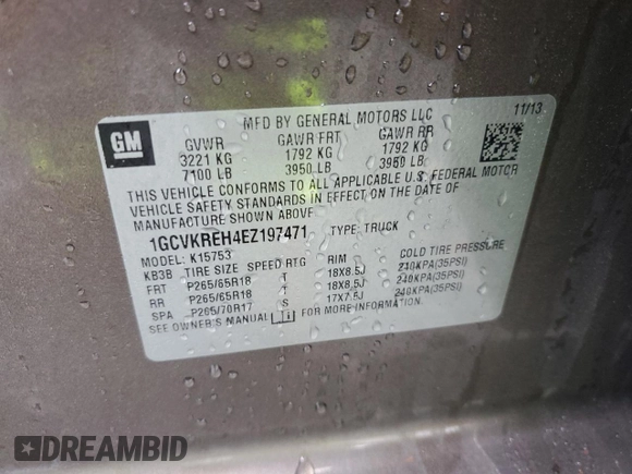 2014 Chevrolet Silverado 1500 LT with VIN 1GCVKREH4EZ197471, listed as a Copart auction lot 49118895 with Not Provided miles and Salvage Title. Bid and sale history available at DreamBid. Image 12.