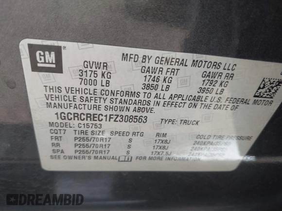 2015 Chevrolet Silverado 1500 LT with VIN 1GCRCREC1FZ308563, listed as a IAAI auction lot 41455858 with 162,196 mi miles. Bid and sale history available at carsss.com. Image 9.