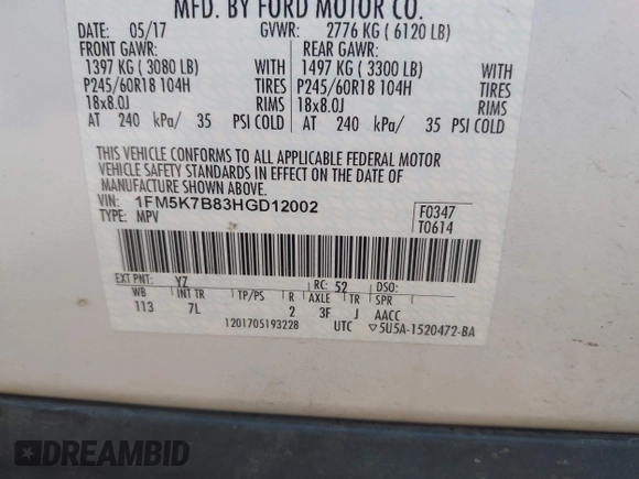 2017 Ford Explorer z VIN 1FM5K7B83HGD12002, wystawiony jako IAAI lot #42475905 z przebiegiem 186 741 mil mil oraz . Historia ofert i sprzedaży dostępna na DreamBid. Obrazek 9.