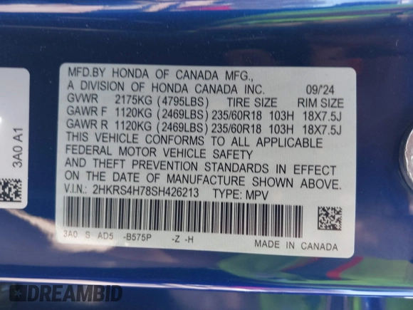 2025 Honda CR-V EX-L with VIN 2HKRS4H78SH426213, listed as a IAAI auction lot 41514210 with 8,333 mi miles and . Bid and sale history available at DreamBid. Image 9.