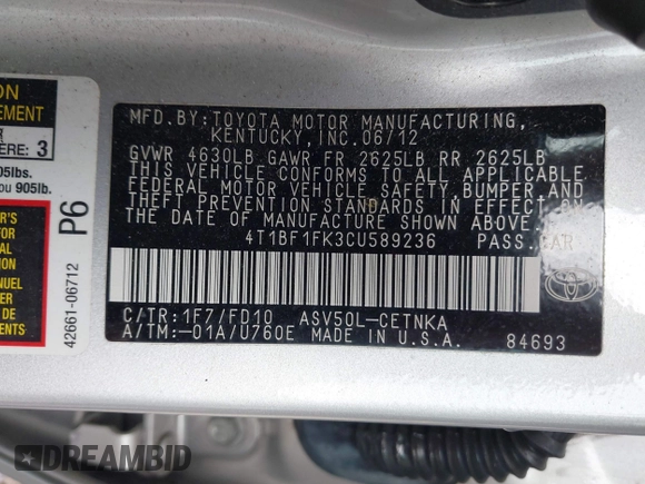 2012 Toyota Camry L with VIN 4T1BF1FK3CU589236, listed as a IAAI auction lot 41947474 with 143,421 mi miles. Bid and sale history available at carsss.com. Image 9.