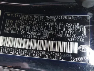 2018 Toyota Camry LE with VIN 4T1B11HK8JU575695, listed as a IAAI auction lot 41857828 with 180,413 mi miles. Bid and sale history available at carsss.com. Image 9.