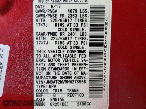 2017 Nissan Rogue S with VIN JN8AT2MV5HW275566, listed as a Copart auction lot 51106535 with 96,478 mi miles and Salvage Title. Bid and sale history available at carsss.com. Image 13.