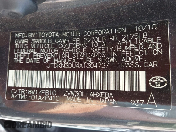 2010 Toyota Prius Four with VIN JTDKN3DU4A1304727, listed as a IAAI auction lot 42204307 with 186,180 mi miles and . Bid and sale history available at DreamBid. Image 9.