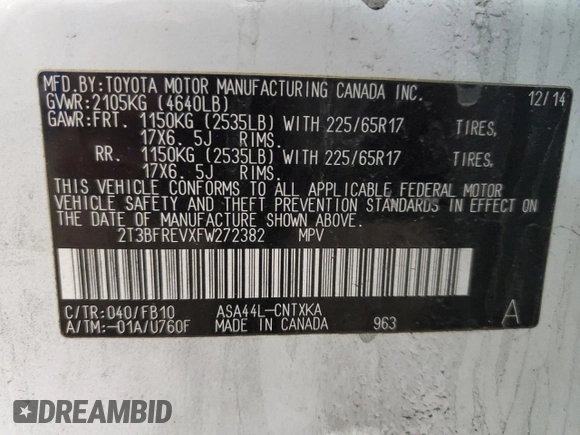 2015 Toyota RAV4 LE with VIN 2T3BFREVXFW272382, listed as a Copart auction lot 52381345 with 118,451 mi miles and Salvage Title. Bid and sale history available at DreamBid. Image 13.