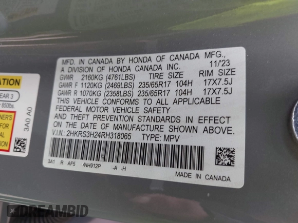 2024 Honda CR-V LX with VIN 2HKRS3H24RH318065, listed as a IAAI auction lot 41703836 with 16,810 mi miles and . Bid and sale history available at DreamBid. Image 9.