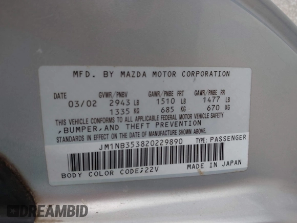 2002 Mazda MX-5 Miata Cloth with VIN JM1NB353820229890, listed as a IAAI auction lot 42750045 with 116,227 mi miles and . Bid and sale history available at DreamBid. Image 9.