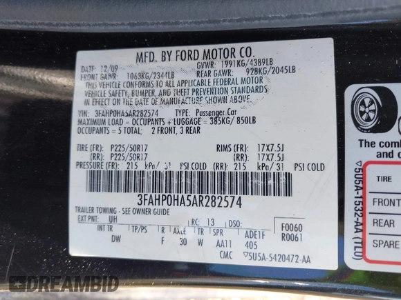 2010 Ford Fusion SE with VIN 3FAHP0HA5AR282574, listed as a IAAI auction lot 42148587 with 108,554 mi miles and . Bid and sale history available at carsss.com. Image 9.