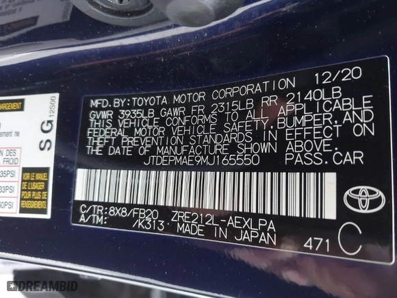 2021 Toyota Corolla LE with VIN JTDEPMAE9MJ165550, listed as a IAAI auction lot 41724289 with 44,525 mi miles. Bid and sale history available at carsss.com. Image 9.