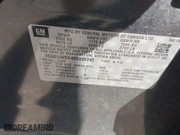 2014 GMC Terrain SLE с VIN 2GKFLWEK4E6326742, выставлен на аукционе IAAI как лот 42552151 с пробегом 111 631 миль миль и . История ставок и продаж доступна на DreamBid. Изображение 9.