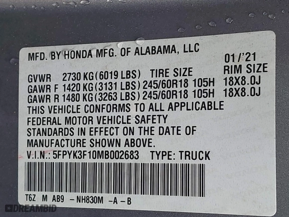 2021 Honda Ridgeline Sport with VIN 5FPYK3F10MB002683, listed as a IAAI auction lot 41695195 with 48,289 mi miles. Bid and sale history available at carsss.com. Image 9.
