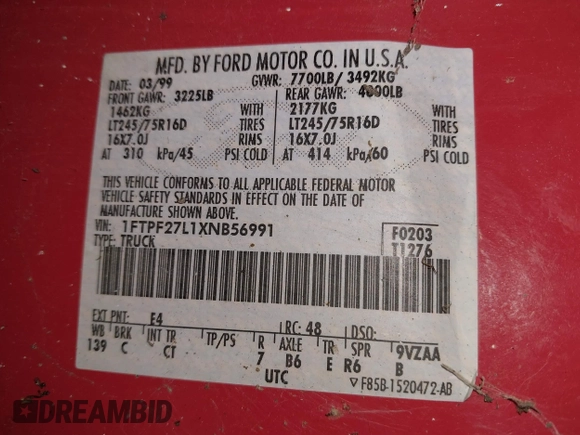 1999 Ford F-250 with VIN 1FTPF27L1XNB56991, listed as a IAAI auction lot 42067008 with Not provided miles and . Bid and sale history available at DreamBid. Image 9.