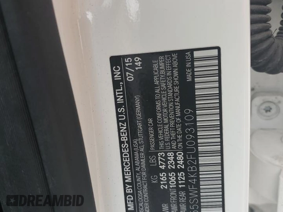 2015 Mercedes-Benz C 300 Luxury with VIN 55SWF4KB2FU093109, listed as a Copart auction lot 56883575 with 117,687 mi miles and Salvage title. Bid and sale history available at DreamBid. Image 12.