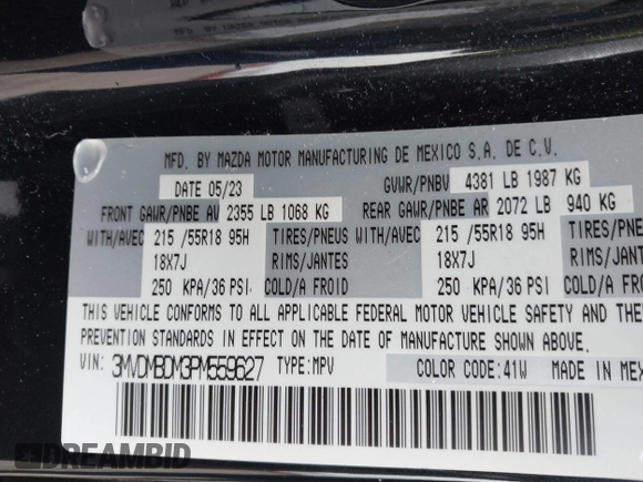 2023 Mazda CX-30 2.5 S Premium Package with VIN 3MVDMBDM3PM559627, listed as a IAAI auction lot 40910485 with 8,365 mi miles. Bid and sale history available at carsss.com. Image 9.