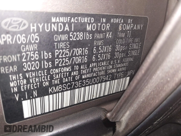 2005 Hyundai Santa Fe GLS with VIN KM8SC73E35U007942, listed as a IAAI auction lot 41201901 with 184,437 mi miles. Bid and sale history available at carsss.com. Image 9.