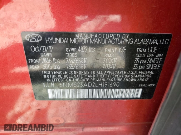 2020 Hyundai Santa Fe SE with VIN 5NMS23AD2LH191690, listed as a Copart auction lot 53846625 with 214,438 mi miles and Salvage title. Bid and sale history available at DreamBid. Image 12.