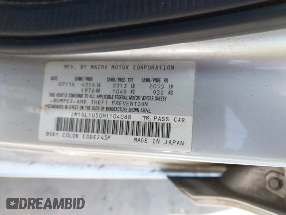 2017 Mazda Mazda6 Sport with VIN JM1GL1U50H1104088, listed as a IAAI auction lot 42000631 with 105,710 mi miles. Bid and sale history available at carsss.com. Image 9.