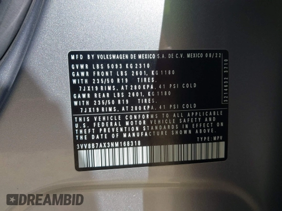 2022 Volkswagen Tiguan SE R-Line Black z VIN 3VV8B7AX3NM168318, wystawiony jako IAAI lot #41530361 z przebiegiem 31 226 mil mil oraz . Historia ofert i sprzedaży dostępna na DreamBid. Obrazek 9.