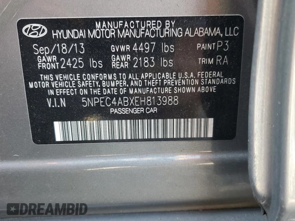 2014 Hyundai Sonata Limited with VIN 5NPEC4ABXEH813988, listed as a Copart auction lot 49189275 with 94,990 mi miles and Salvage Title. Bid and sale history available at DreamBid. Image 14.