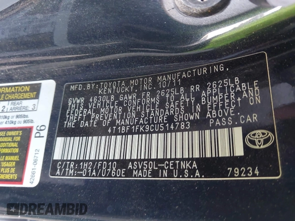 2012 Toyota Camry L z VIN 4T1BF1FK9CU514783, wystawiony jako IAAI lot #42371139 z przebiegiem 121 778 mil mil oraz . Historia ofert i sprzedaży dostępna na DreamBid. Obrazek 9.