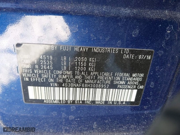 2017 Subaru Legacy Premium with VIN 4S3BNAF68H3008952, listed as a IAAI auction lot 41425293 with 105,983 mi miles. Bid and sale history available at carsss.com. Image 9.