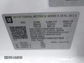 2021 Chevrolet Silverado 1500 LT z VIN 3GCUYDETXMG307908, wystawiony jako IAAI lot #41910530 z przebiegiem Nie podano mil oraz . Historia ofert i sprzedaży dostępna na DreamBid. Obrazek 9.