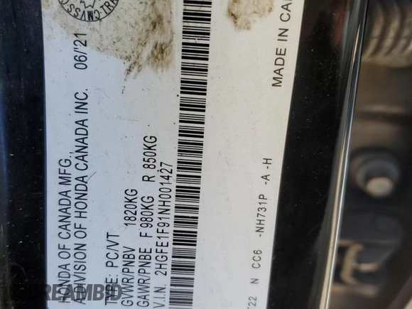 2022 Honda Civic Touring z VIN 2HGFE1F91NH001427, wystawiony jako Copart lot #53155195 z przebiegiem 83 921 mil mil oraz Szkoda całkowita • Salvage title. Historia ofert i sprzedaży dostępna na DreamBid. Obrazek 12.