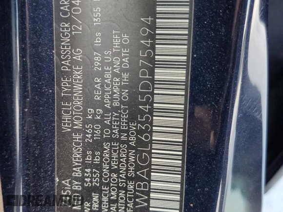 2005 BMW 7 Series 745i with VIN WBAGL63545DP75494, listed as a Copart auction lot 72359904 with 143,878 mi miles and Salvage title. Bid and sale history available at DreamBid. Image 12.