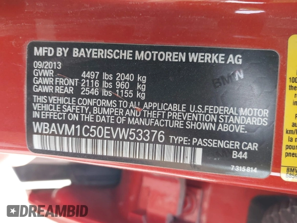 2014 BMW X1 sDrive28i with VIN WBAVM1C50EVW53376, listed as a IAAI auction lot 41838580 with 114,054 mi miles. Bid and sale history available at carsss.com. Image 9.