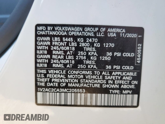 2021 Volkswagen Atlas S with VIN 1V2AC2CA3MC205553, listed as a Copart auction lot 72906374 with 40,916 mi miles and Salvage title. Bid and sale history available at DreamBid. Image 13.