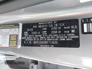 2024 Kia Forte LXS z VIN 3KPF24AD0RE713420, wystawiony jako IAAI lot #42091051 z przebiegiem 36 875 mil mil oraz . Historia ofert i sprzedaży dostępna na DreamBid. Obrazek 9.