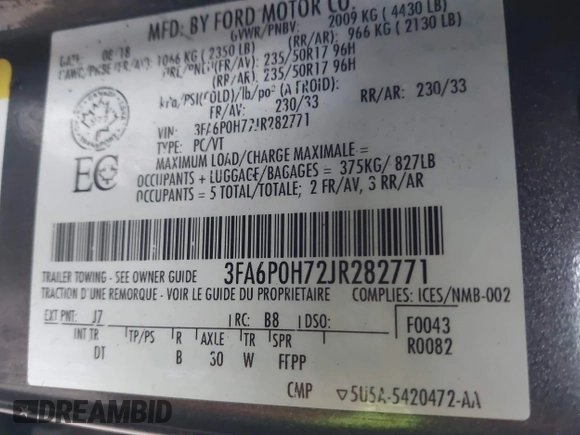 2018 Ford Fusion SE с VIN 3FA6P0H72JR282771, выставлен на аукционе IAAI как лот 42296531 с пробегом 104 070 миль миль и . История ставок и продаж доступна на DreamBid. Изображение 9.