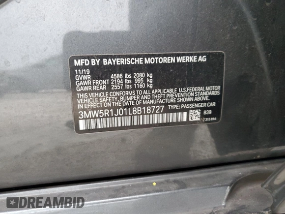 2020 BMW 3 Series 330i with VIN 3MW5R1J01L8B18727, listed as a Copart auction lot 48776375 with Not Provided miles and Salvage Title. Bid and sale history available at carsss.com. Image 14.