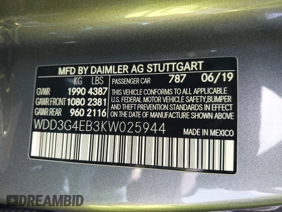 2019 Mercedes-Benz A 220 with VIN WDD3G4EB3KW025944, listed as a IAAI auction lot 41570777 with 23,332 mi miles and . Bid and sale history available at DreamBid. Image 9.