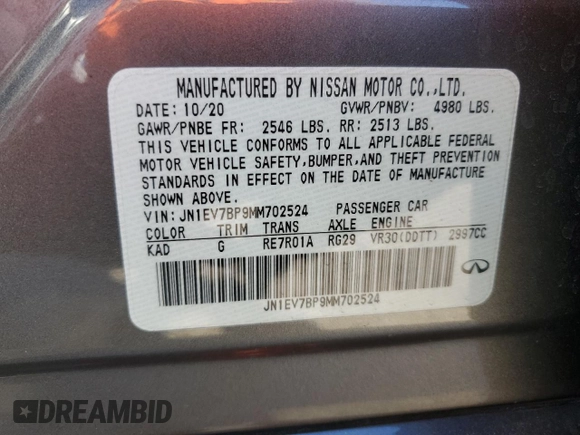 2021 Infiniti Q50 Luxe with VIN JN1EV7BP9MM702524, listed as a Copart auction lot 48579785 with 28,627 mi miles and Salvage title. Bid and sale history available at DreamBid. Image 12.